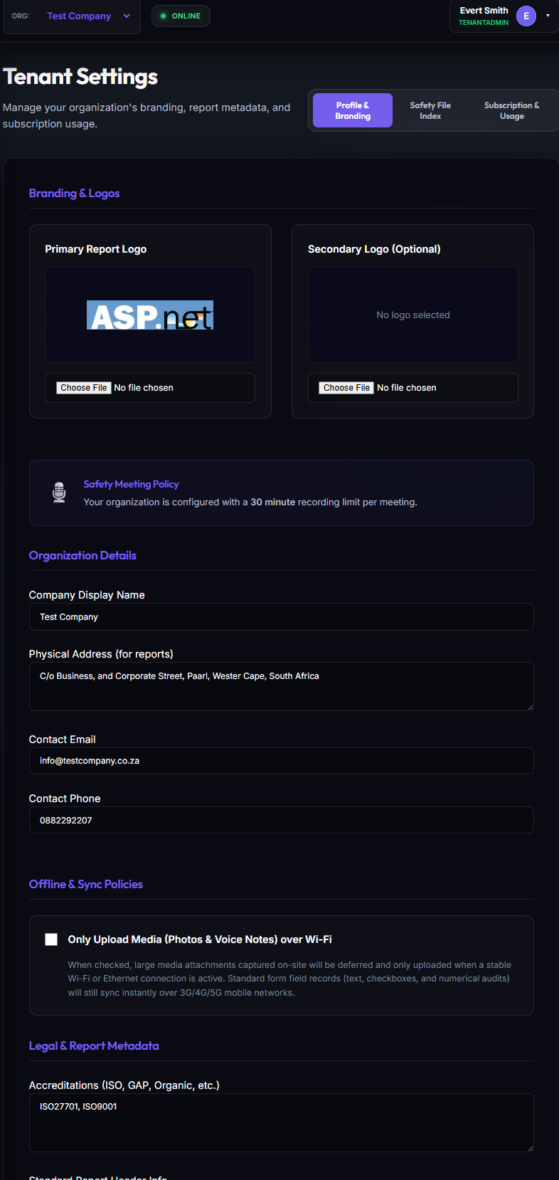 Tenant Settings Page